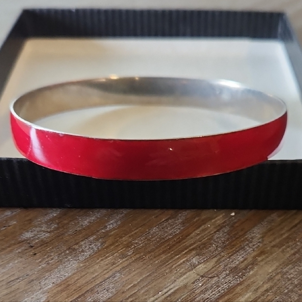 Red Enamel and Silver Tone Bracelet
